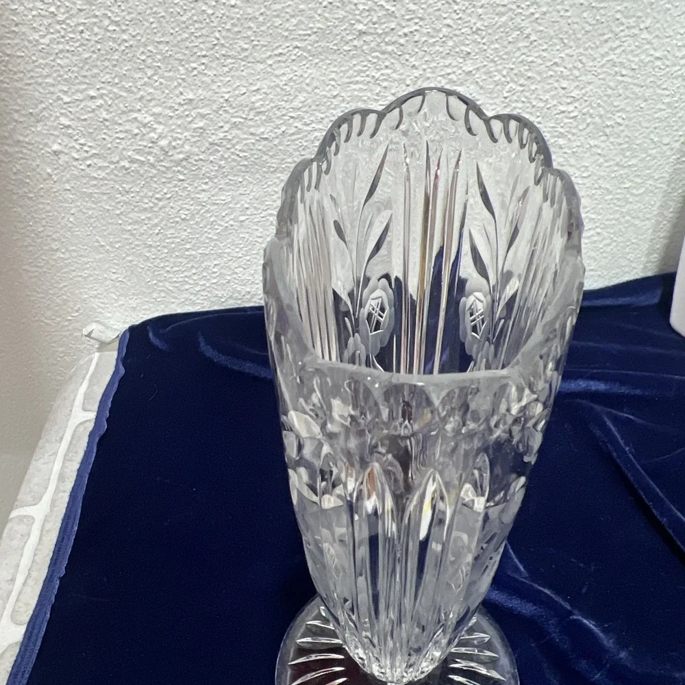 Vintage Etched Fan Colony Crystal Fan Vase‎ Flat Sides Floral